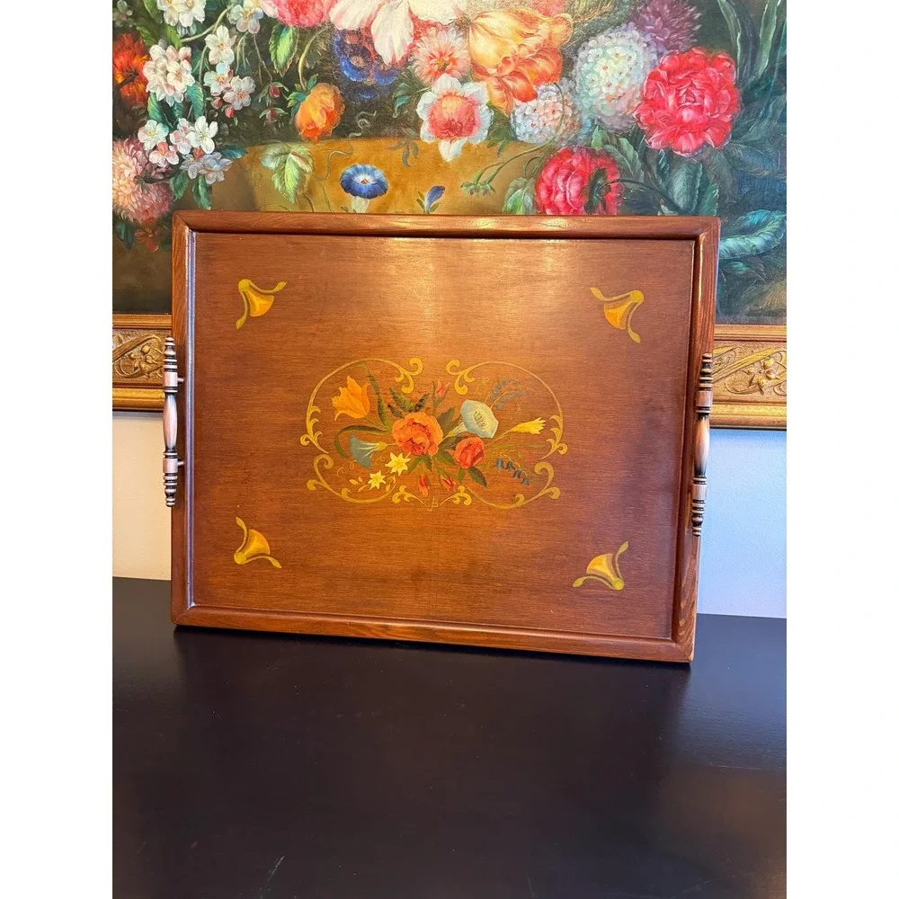 Vintage Hand Painted Floral‎ Wood Tray With Handles